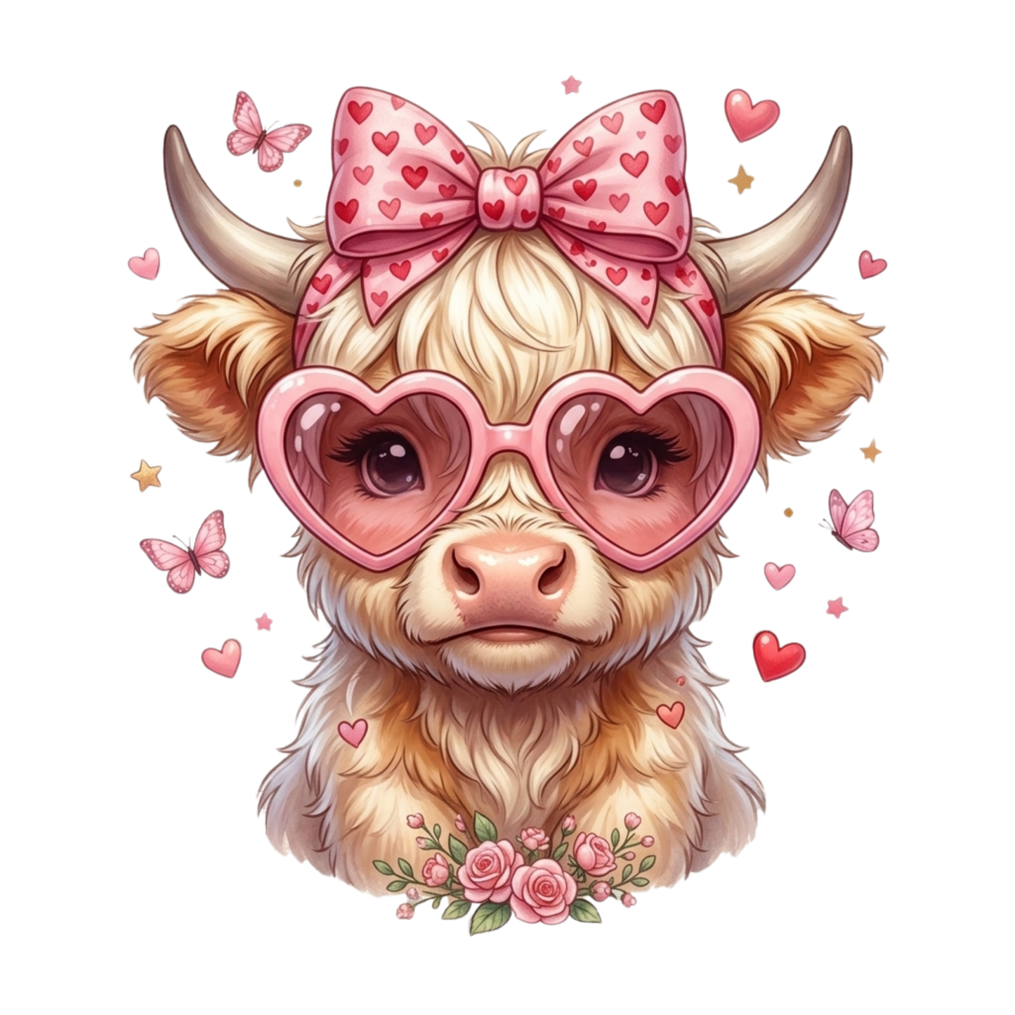 A cute highland cow with long cream fur, pink horns, a large pink bow with red hearts, heart-shaped pink glasses, butterflies, and small hearts on a plain white background.