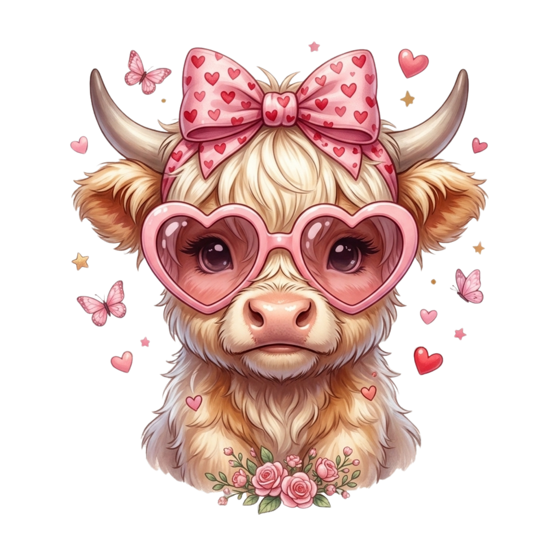 A cute highland cow with long cream fur, pink horns, a large pink bow with red hearts, heart-shaped pink glasses, butterflies, and small hearts on a plain white background.