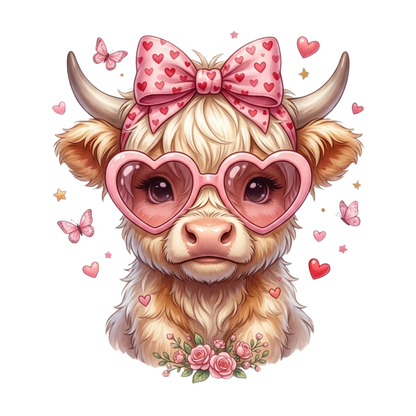 A cute highland cow with long cream fur, pink horns, a large pink bow with red hearts, heart-shaped pink glasses, butterflies, and small hearts on a plain white background.