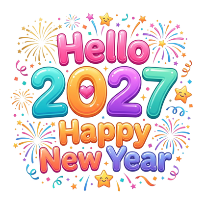 A colorful digital graphic reading 'Hello 2027 Happy New Year' in bubbly 3D lettering, surrounded by fireworks, stars, confetti, and streamers on a plain white background.