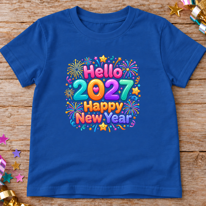 A royal blue short-sleeve t-shirt laid flat on a rustic wooden surface, featuring a colorful 'Hello 2027 Happy New Year' graphic with fireworks and stars.