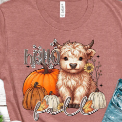 Hello Fall, Highland Cow - Graphic T-Shirt