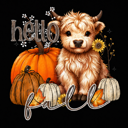 Illustration of a fluffy animal with pumpkins and flowers on a black background