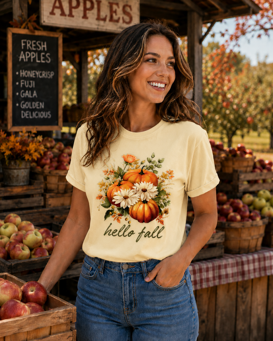 Woman wearing a 'hello fall' t-shirt at an apple orchard.