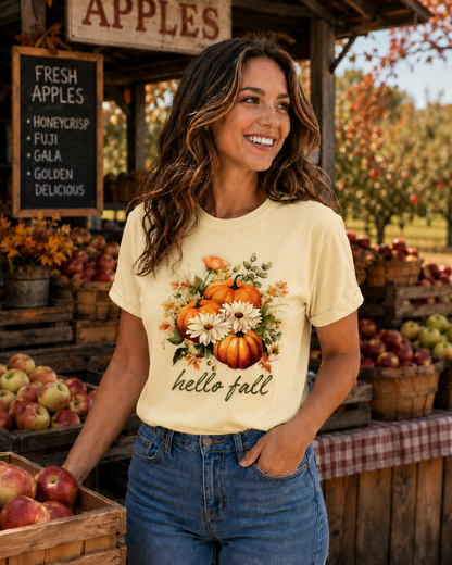 Woman wearing a 'hello fall' t-shirt at an apple orchard.