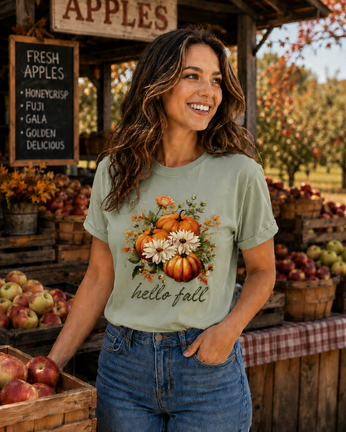 Woman wearing a 'hello fall' t-shirt at an apple orchard.