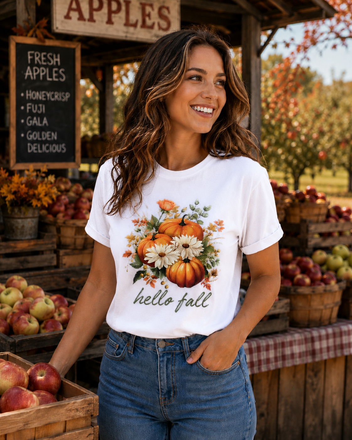 Woman wearing a 'hello fall' t-shirt at an apple orchard.