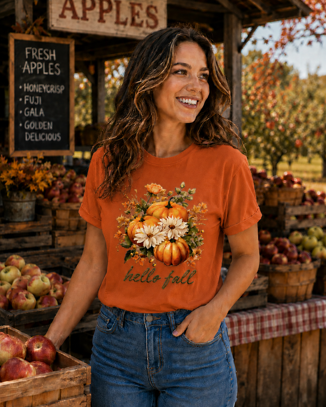Woman wearing an 'hello fall' t-shirt at a farm stand with apples and pumpkins.