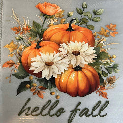 Cozy Hello Fall graphic tee with pumpkins and autumn flowers on a soft cotton fabric.