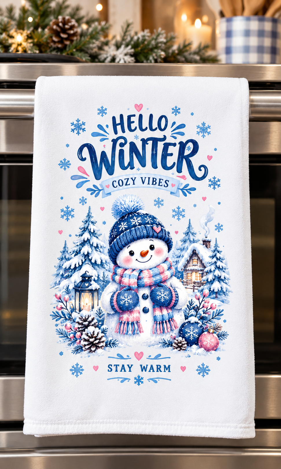 A white kitchen towel with a winter-themed graphic design hanging on a stainless steel oven handle. The design features a snowman in a blue beanie and striped scarf surrounded by snow trees, pinecones, and the text 'HELLO WINTER COZY VIBES' and 'STAY WARM'.