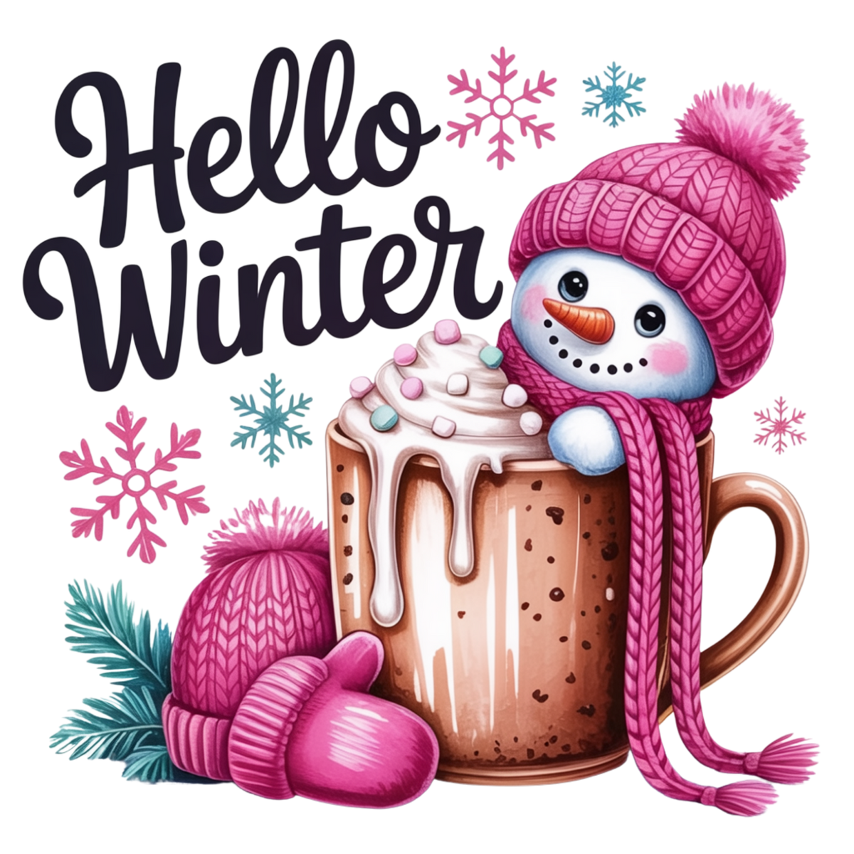 Hello Winter Snowman in Hot Cocoa with Cozy Pink Accents (Youth)