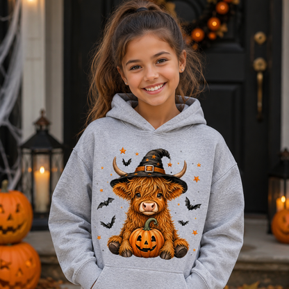 A smiling young girl stands on a front porch wearing a light gray hoodie with a large cartoon graphic of a fluffy orange-brown Highland cow in a witch hat holding a jack-o'-lantern, surrounded by bats and stars. Pumpkins, lanterns, and fallen leaves decorate the porch behind her.