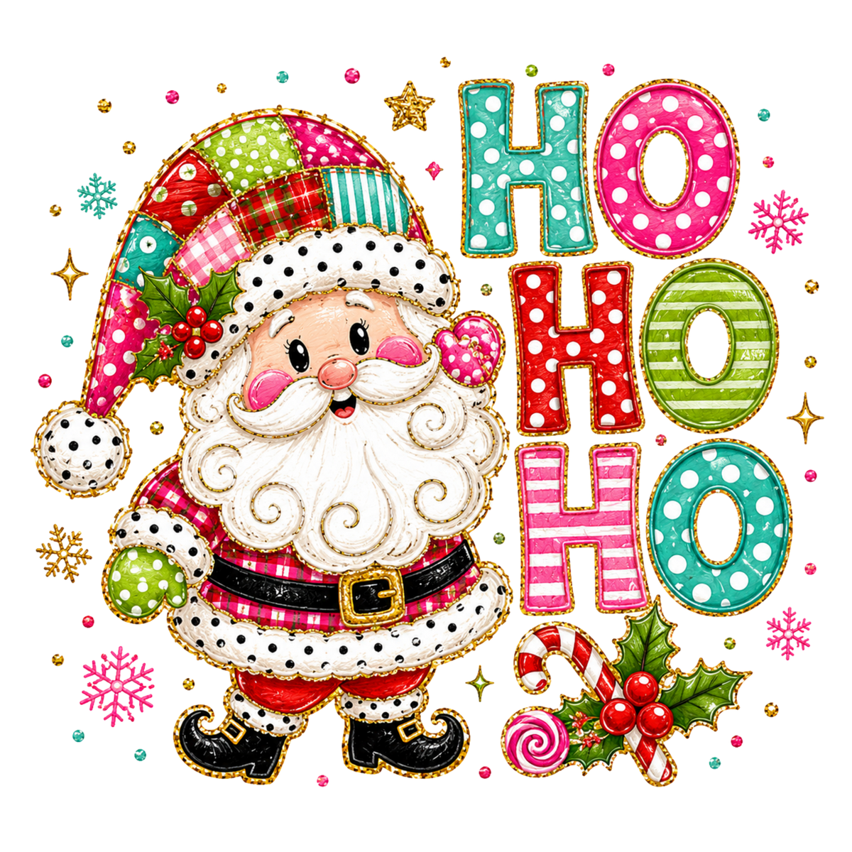 A festive Christmas graphic featuring a patchwork Santa Claus with a white beard, red and green plaid outfit, and a decorated hat, alongside large colorful 'HO HO HO' letters, candy canes, holly, snowflakes, and gold stars on a white background.