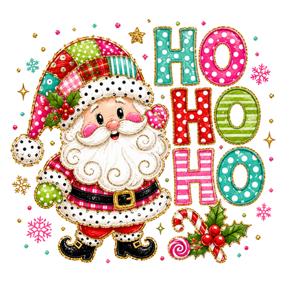 A festive Christmas graphic featuring a patchwork Santa Claus with a white beard, red and green plaid outfit, and a decorated hat, alongside large colorful 'HO HO HO' letters, candy canes, holly, snowflakes, and gold stars on a white background.