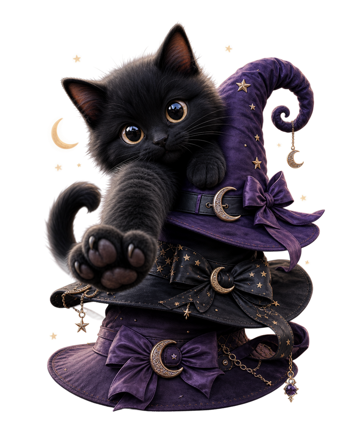 A black kitten posed on top of a tall purple witch hat decorated with gold stars, crescent moons, and bows, isolated on a light gray background.