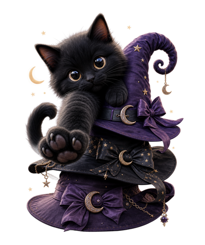 A black kitten posed on top of a tall purple witch hat decorated with gold stars, crescent moons, and bows, isolated on a light gray background.