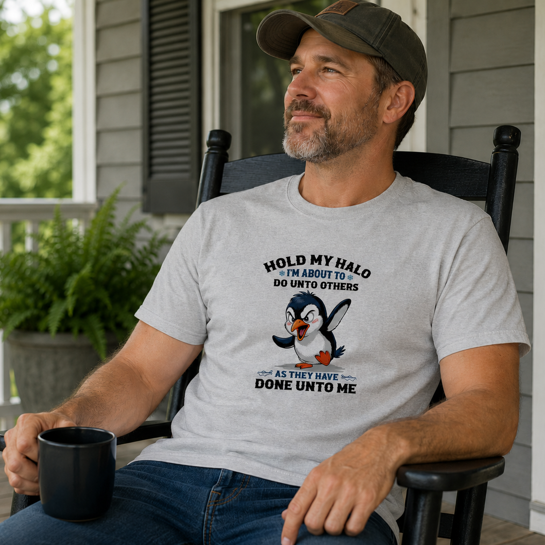 Man sitting on a porch wearing a t-shirt with a penguin graphic and text.