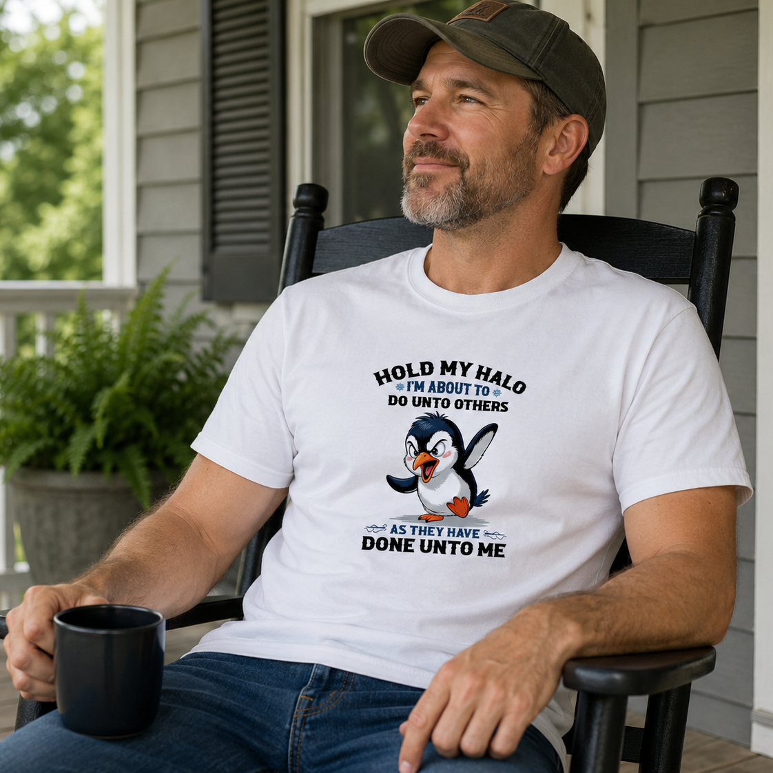Man sitting on a porch wearing a white t-shirt with a penguin graphic and text.