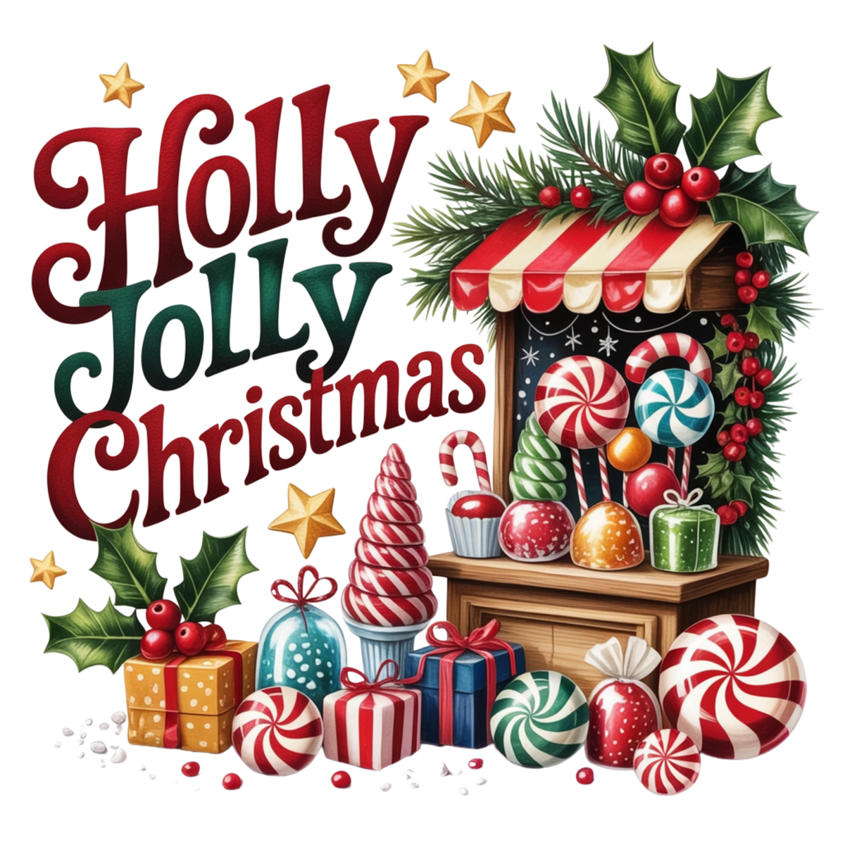 A festive Christmas illustration with the words “Holly Jolly Christmas” in large red and green lettering, surrounded by candy canes, wrapped gifts, ornaments, holly leaves, pine branches, and a small decorated stall on a white background.