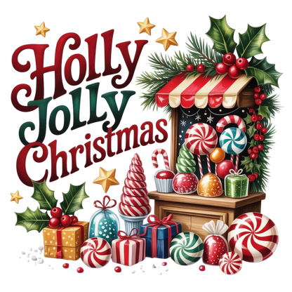 A festive Christmas illustration with the words “Holly Jolly Christmas” in large red and green lettering, surrounded by candy canes, wrapped gifts, ornaments, holly leaves, pine branches, and a small decorated stall on a white background.