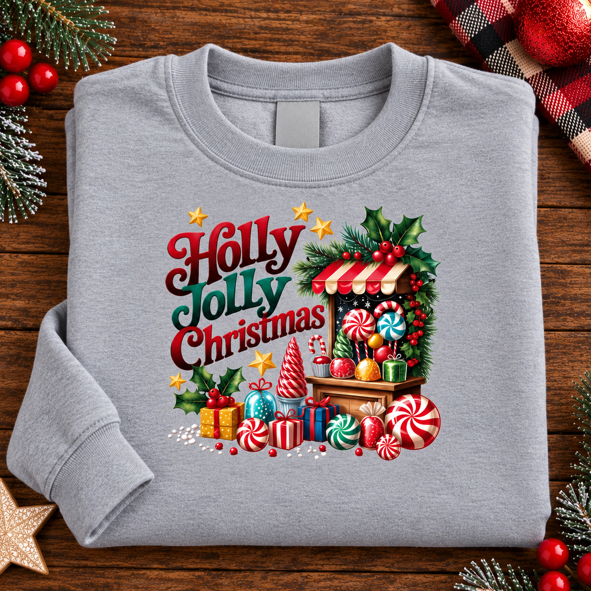 A folded sport gray crewneck sweatshirt with a colorful Christmas graphic reading 'Holly Jolly Christmas' and showing a festive candy shop scene, displayed on a wooden surface with holiday decorations.
