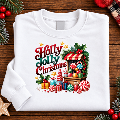 A folded white crewneck sweatshirt with a colorful 'Holly Jolly Christmas' graphic print, displayed on a dark wood background with festive holiday decorations.