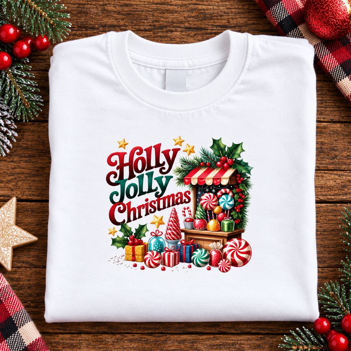 A folded white crewneck t-shirt with a colorful 'Holly Jolly Christmas' graphic, displayed on a rustic wooden background with holiday decorations like pine branches, red berries, and a star ornament.
