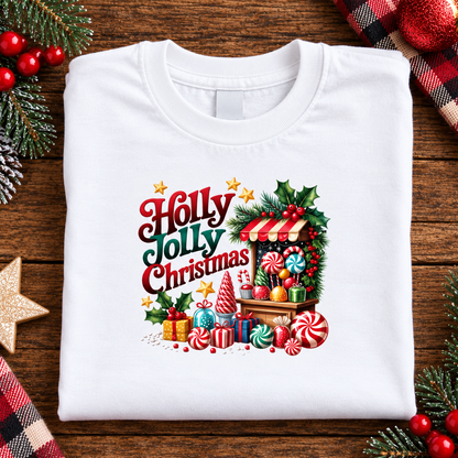 A folded white crewneck t-shirt with a colorful 'Holly Jolly Christmas' graphic, displayed on a rustic wooden background with holiday decorations like pine branches, red berries, and a star ornament.