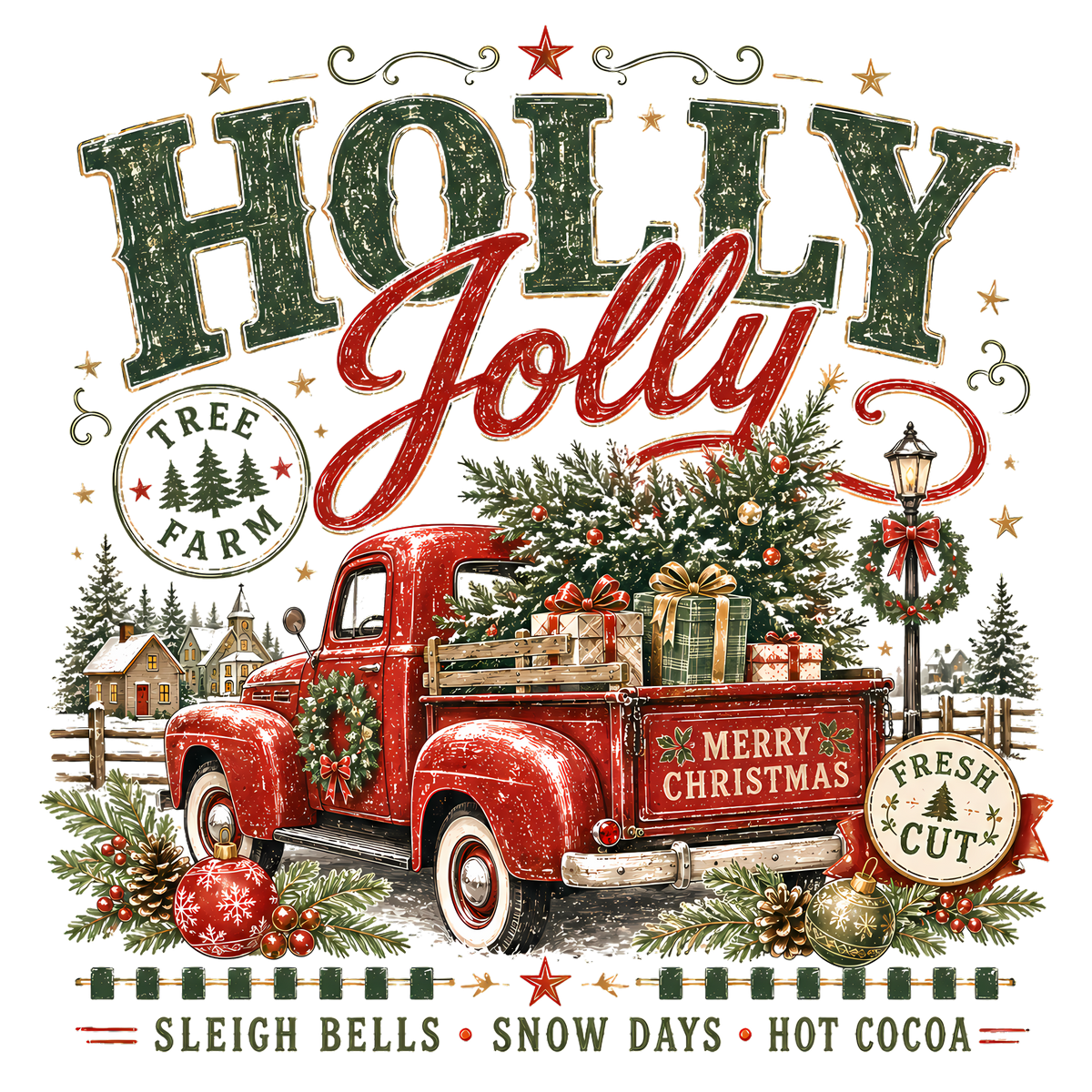 A festive Christmas graphic design featuring a vintage red pickup truck carrying a Christmas tree, with large text reading 'Holly Jolly' and smaller text including 'Tree Farm' and 'Fresh Cut'. The scene includes ornaments, pinecones, a lamppost, and decorative holiday elements on a white background.