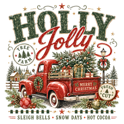 A festive Christmas graphic design featuring a vintage red pickup truck carrying a Christmas tree, with large text reading 'Holly Jolly' and smaller text including 'Tree Farm' and 'Fresh Cut'. The scene includes ornaments, pinecones, a lamppost, and decorative holiday elements on a white background.