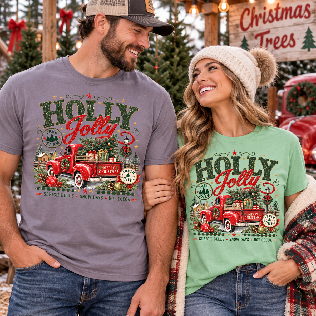 A man and a woman standing together in a festive holiday setting, both wearing matching graphic t-shirts. The man wears a heathered gray t-shirt and the woman wears a sage green t-shirt, both featuring a vintage red truck graphic with Christmas trees and the text 'HOLLY JOLLY WINTER CHRISTMAS'.