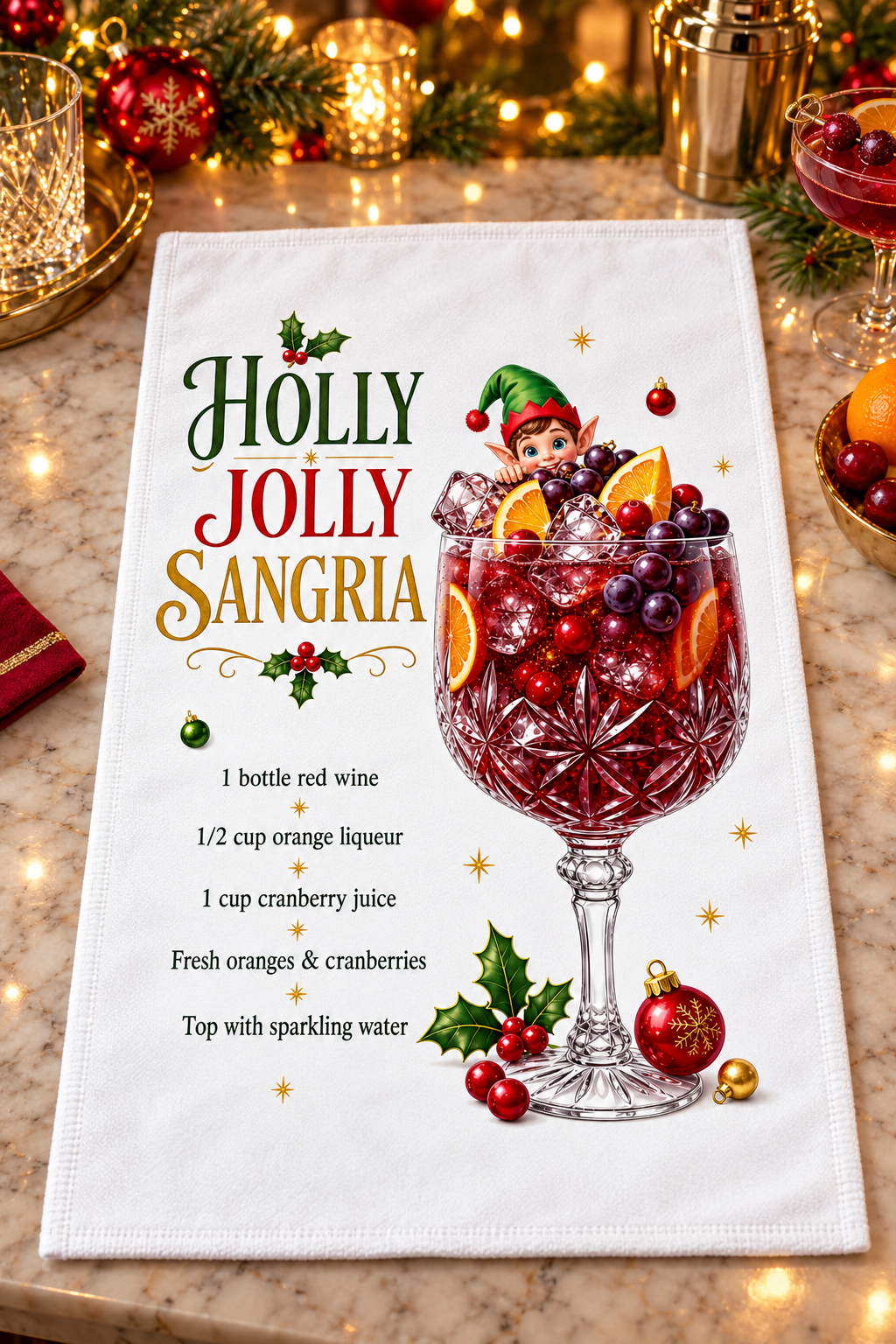 A white kitchen towel featuring a festive Christmas design with the text 'Holly Jolly Sangria' and a recipe, printed next to an illustration of a glass of red sangria with cranberries, oranges, and a small elf. The towel is displayed on a marble countertop with warm holiday lights and ornaments in the background.