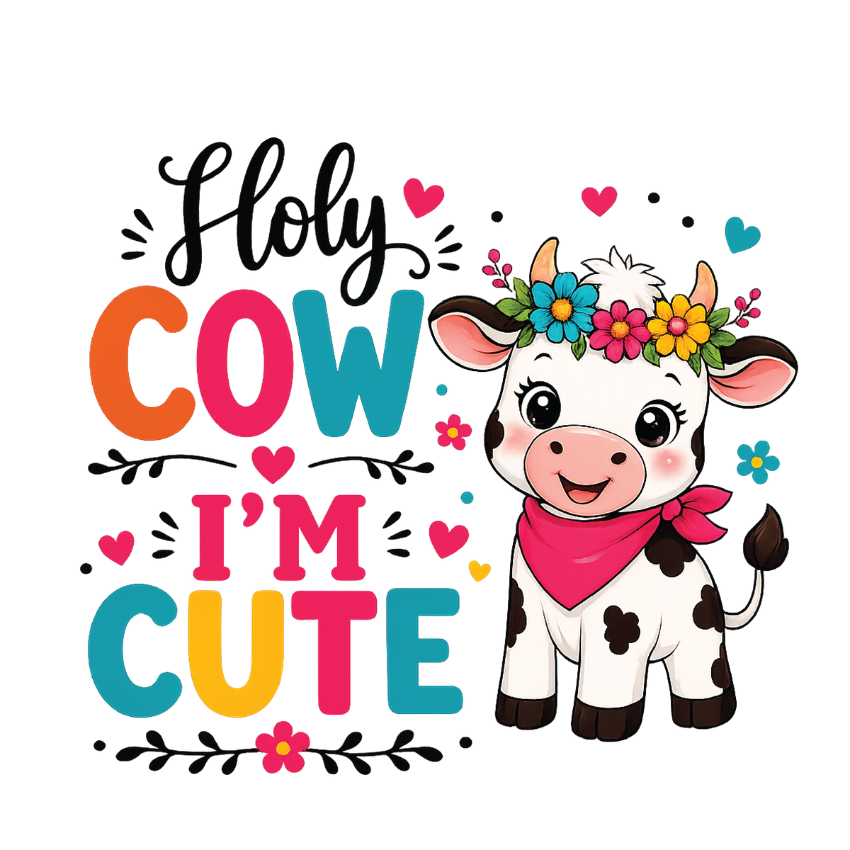 A cute cartoon cow with a pink bandana and colorful flower crown next to the text 'Holy COW I'M CUTE' in playful multicolor lettering on a white background.