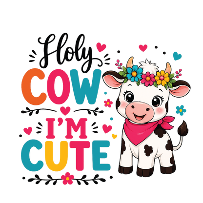 A cute cartoon cow with a pink bandana and colorful flower crown next to the text 'Holy COW I'M CUTE' in playful multicolor lettering on a white background.