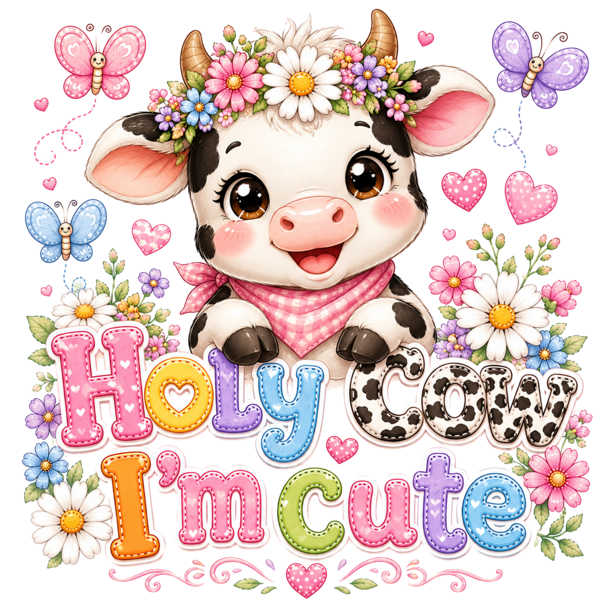 A cute cartoon cow with a pink gingham scarf and a flower crown, surrounded by butterflies, hearts, daisies, and decorative text reading 'Holy Cow I'm cute' on a white background.