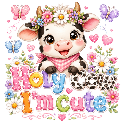 A cute cartoon cow with a pink gingham scarf and a flower crown, surrounded by butterflies, hearts, daisies, and decorative text reading 'Holy Cow I'm cute' on a white background.