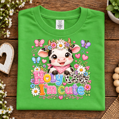 A folded apple green t-shirt with a colorful cartoon cow graphic and the text 'Holy Cow I'm Cute' on a rustic wooden background.