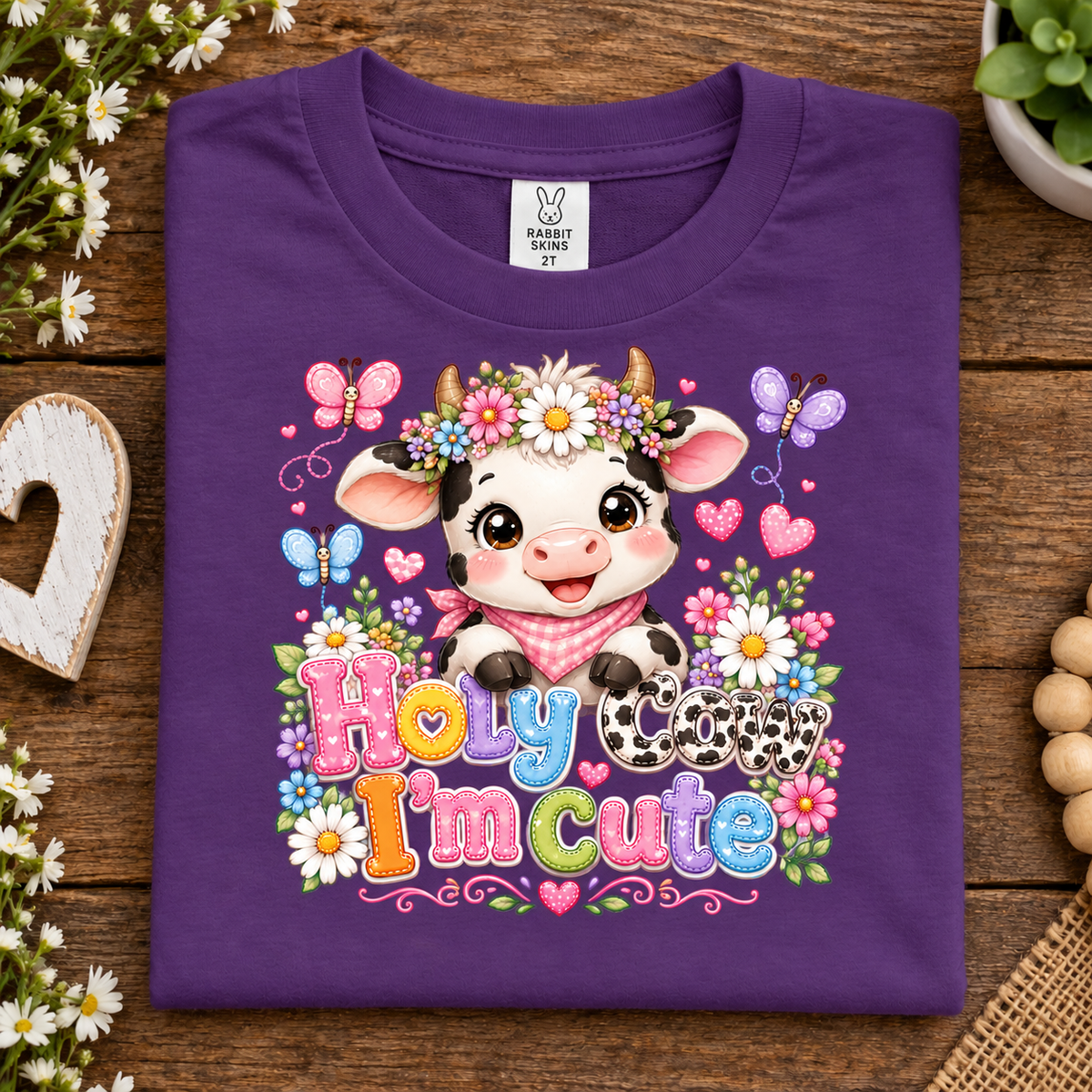 A folded purple t-shirt with a colorful cartoon cow graphic and the text 'Holy Cow I'm Cute' on a rustic wooden background with decorative flowers and beads.