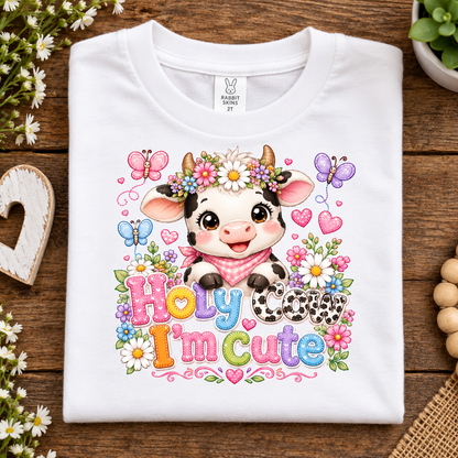 A folded white short-sleeve T-shirt with a colorful cartoon cow graphic and the words 'Holy cow I'm cute' on a rustic wooden surface, surrounded by small white flowers, a heart-shaped decor piece, and beads.
