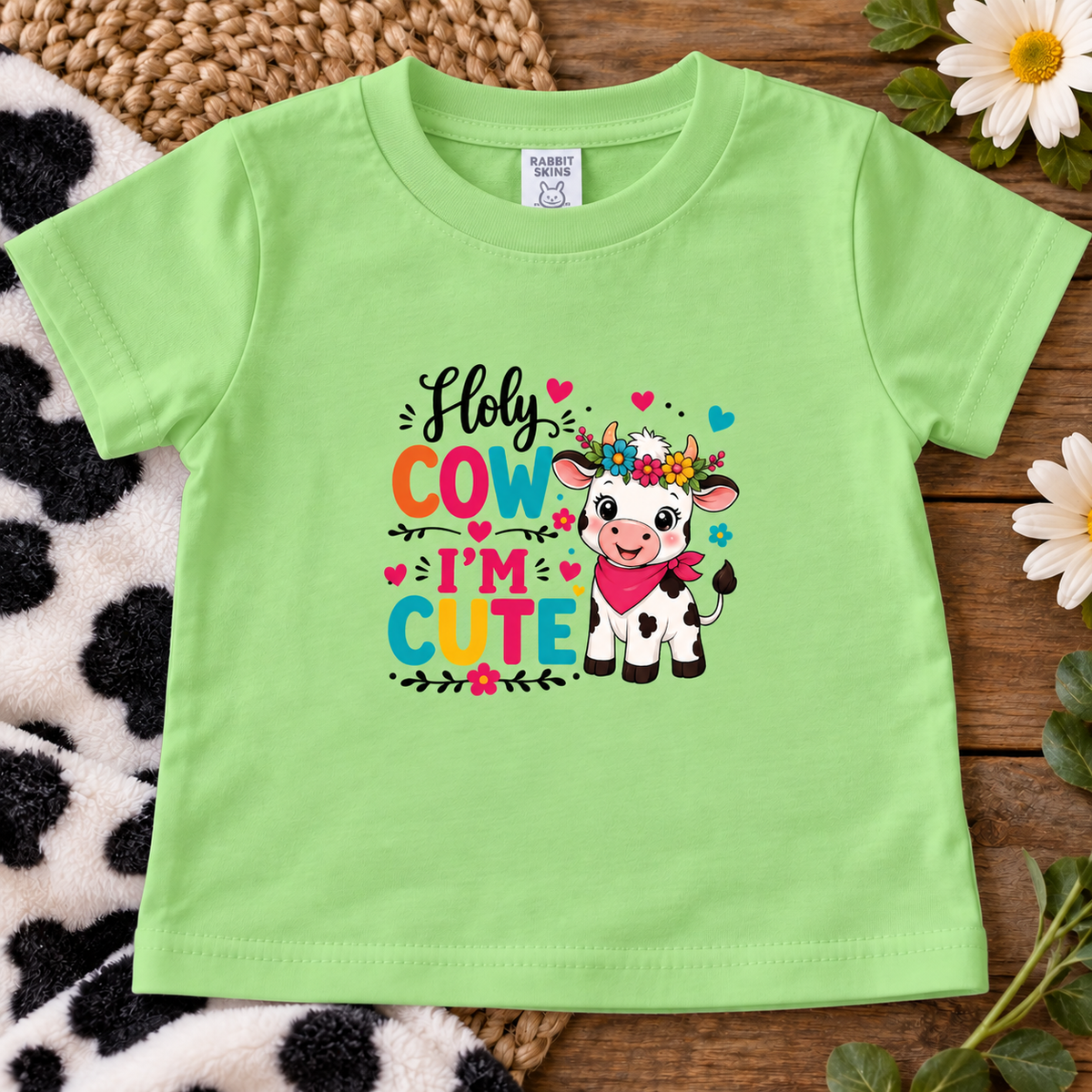 A keylime green toddler short-sleeve t-shirt with a colorful graphic that reads 'Holy COW I'M CUTE' next to a cartoon cow wearing a flower crown. The shirt is displayed flat on a rustic wooden surface with a black-and-white cow print blanket, woven mat, and daisies.