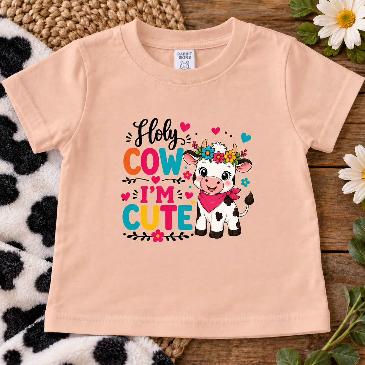 A peach-colored short-sleeve baby t-shirt with a colorful graphic of a cute cartoon cow and the text 'Holy COW I'M CUTE'. The t-shirt is displayed flat on a rustic wooden surface with a black-and-white cow print blanket, woven mat, and white flowers.