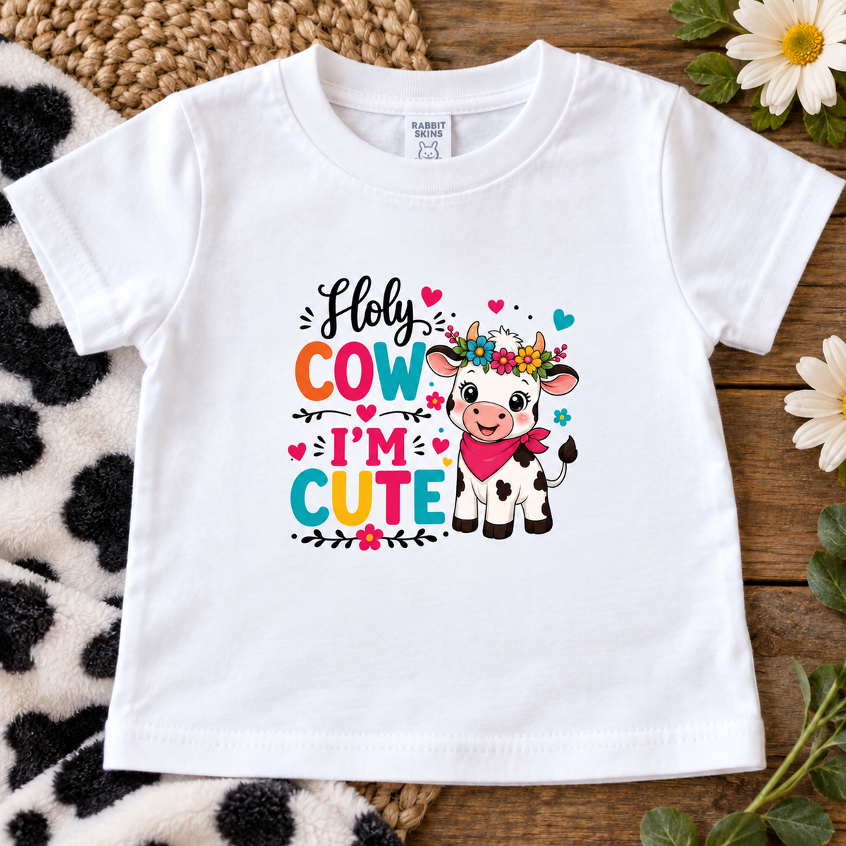 A white short-sleeve baby t-shirt with a colorful graphic that reads 'Holy COW I'M CUTE' next to a cartoon cow. The t-shirt is displayed flat on a rustic wooden surface with a cow-print blanket, flowers, and a woven mat in the background.