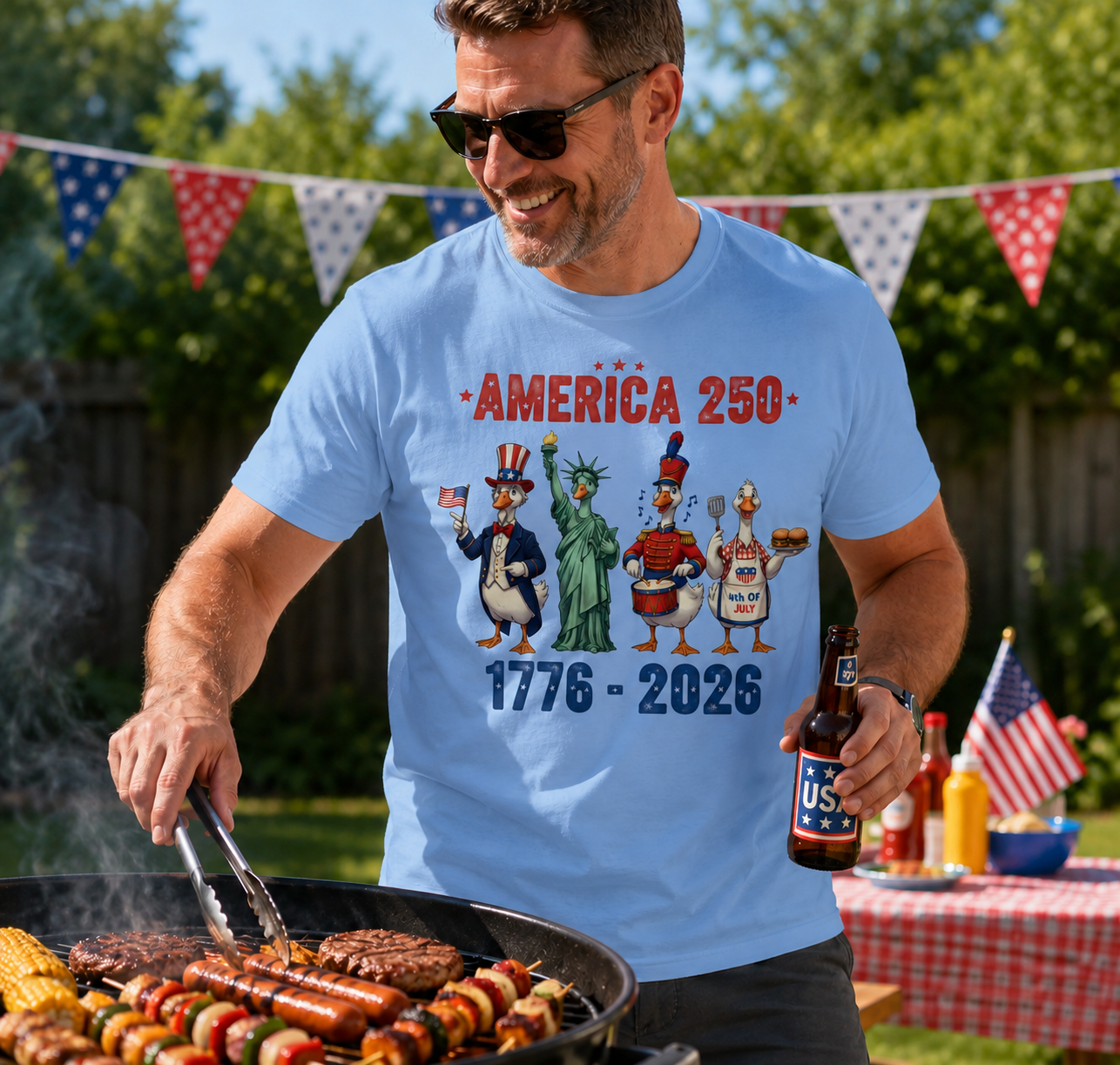 Man grilling outdoors wearing a blue t-shirt with 'America 250' design, surrounded by American flags and food.