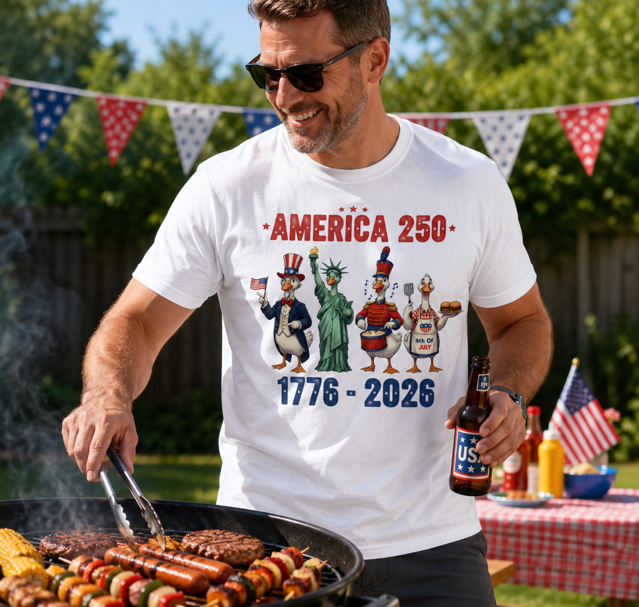 Man grilling outdoors wearing a 'America 250' t-shirt with cartoon characters and text.