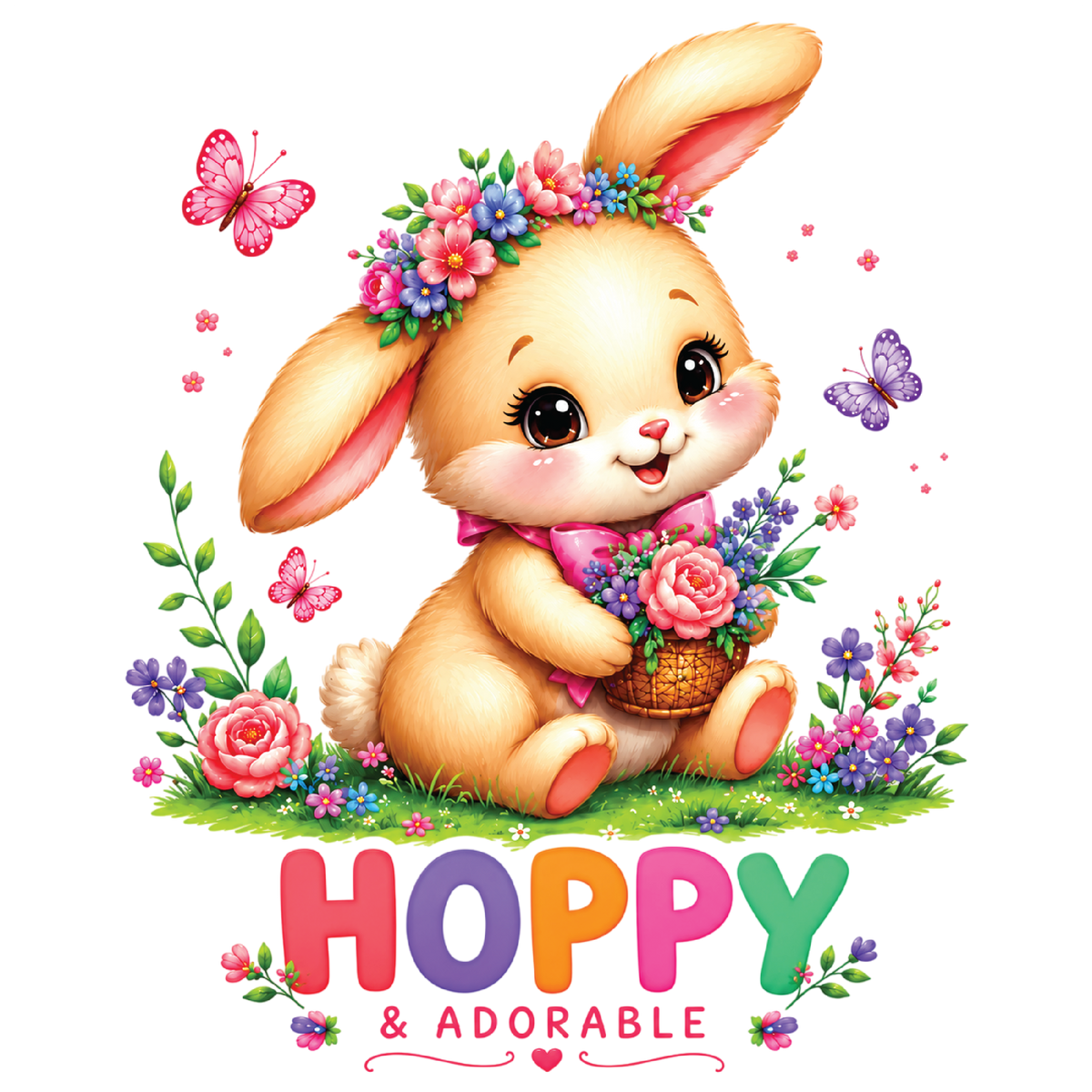 A cute cartoon bunny illustration with a floral headband, pink bow, and basket of flowers, surrounded by butterflies and the text 'HOPPY & ADORABLE' on a white background.