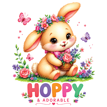 A cute cartoon bunny illustration with a floral headband, pink bow, and basket of flowers, surrounded by butterflies and the text 'HOPPY & ADORABLE' on a white background.