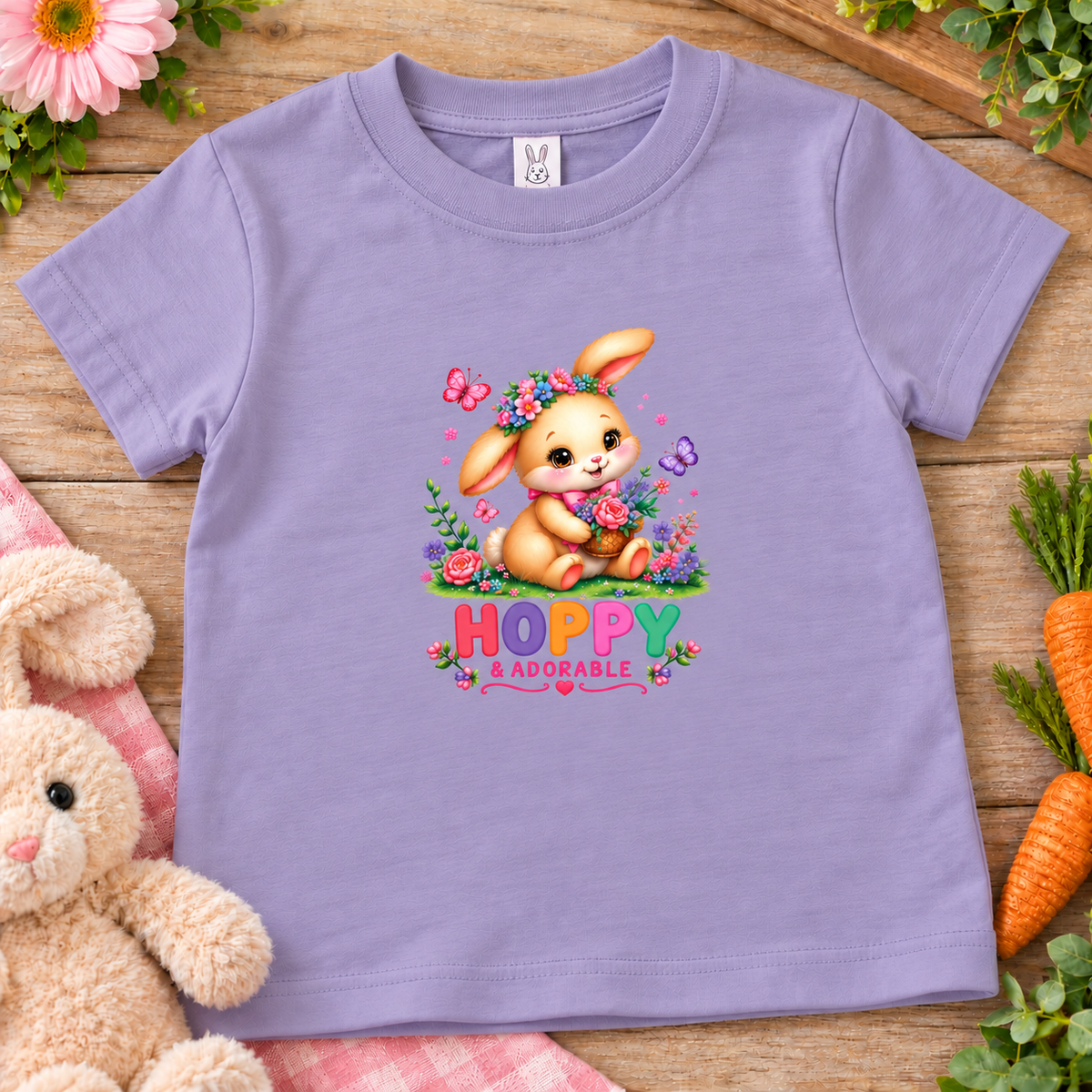 A lavender short-sleeve kids' t-shirt with a colorful graphic of a cute cartoon bunny holding flowers, surrounded by butterflies and the text 'HOPPY ADORBABLE'. The shirt is displayed in a flat-lay setting on a wooden surface with a plush bunny, carrots, and flowers as props.