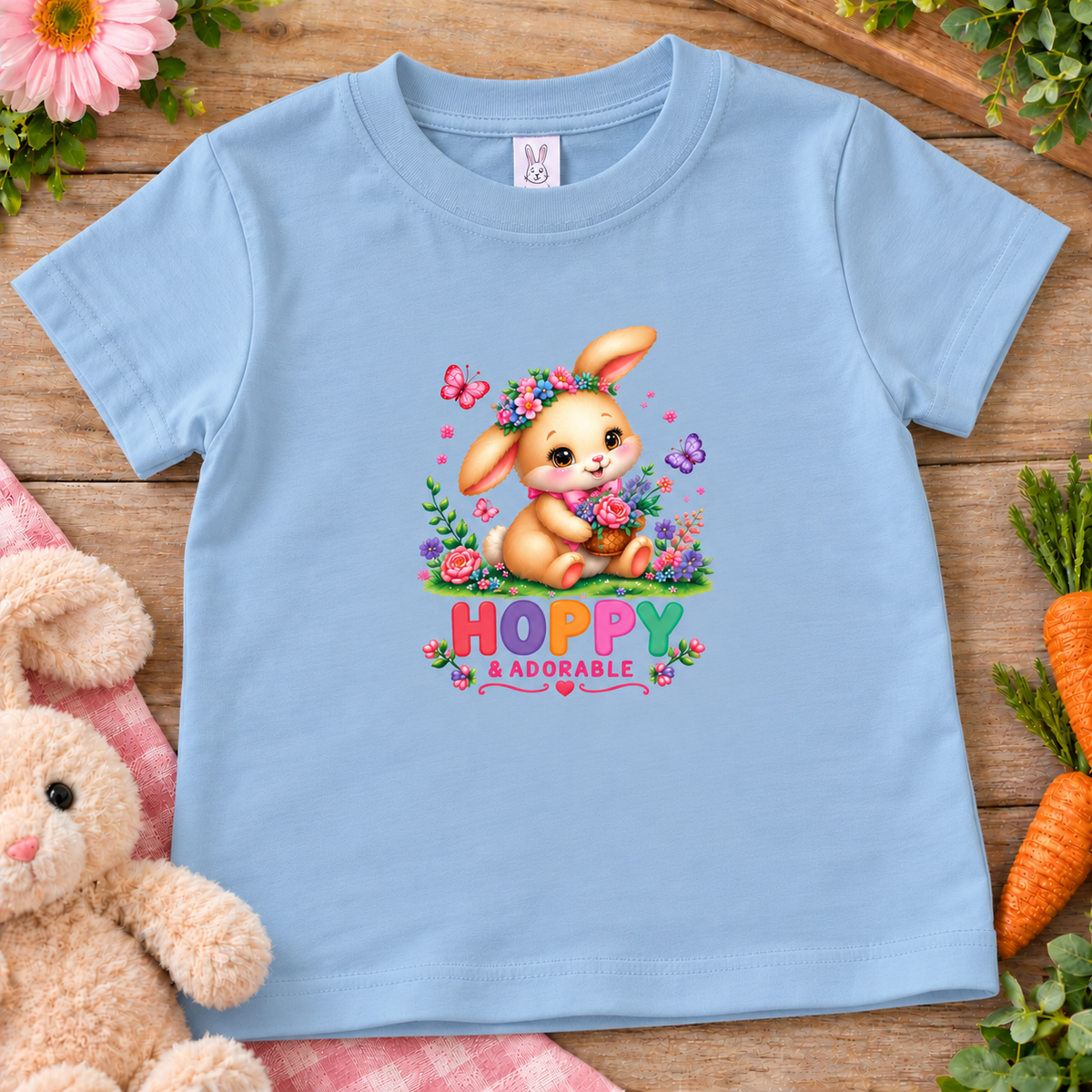 A light blue short-sleeve kids' t-shirt with a colorful graphic of a cartoon bunny wearing a flower crown and holding a bouquet, with the text 'HOPPY ADORABLE' below. The shirt is displayed in a flat-lay setting on a rustic wooden surface, surrounded by a plush bunny, flowers, carrots, and a pink checkered cloth.