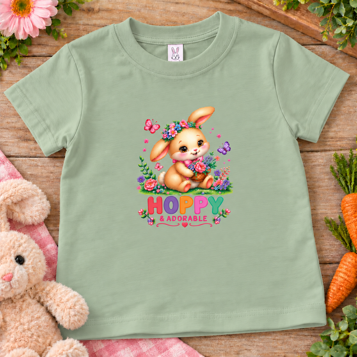A sage green kids' t-shirt with a colorful graphic of a cartoon bunny holding flowers and the text 'HOPPY ADORBLE' underneath. The t-shirt is displayed in a flat-lay arrangement on a rustic wooden surface, surrounded by a plush teddy bear, pink flowers, carrots, and green leaves.