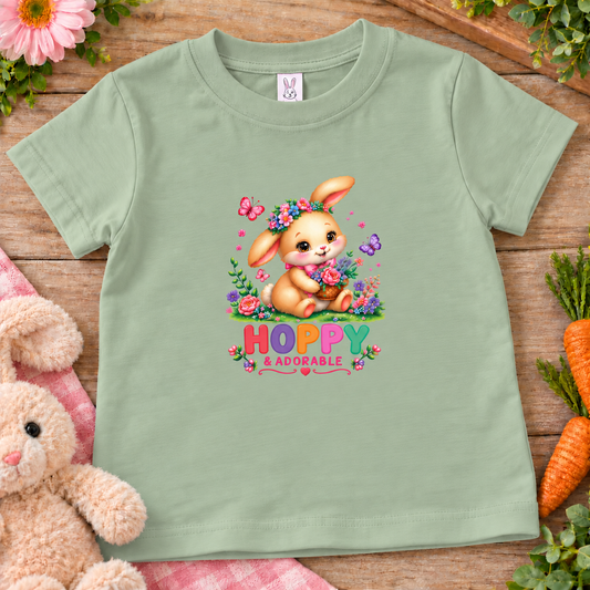 A sage green kids' t-shirt with a colorful graphic of a cartoon bunny holding flowers and the text 'HOPPY ADORBLE' underneath. The t-shirt is displayed in a flat-lay arrangement on a rustic wooden surface, surrounded by a plush teddy bear, pink flowers, carrots, and green leaves.